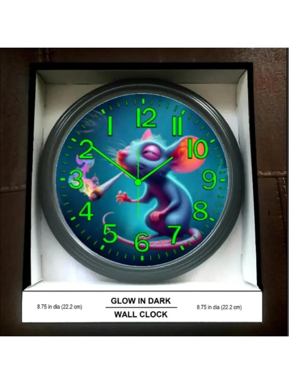 REVERSE TICKING CLOCK Mouse GOOD LEAF Black Light Glow In The Dark Wall Clock!
